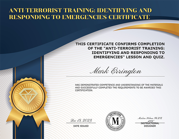 Metro One-Anti-Terrorist Training Identifying and Responding to Emergencies Certificate